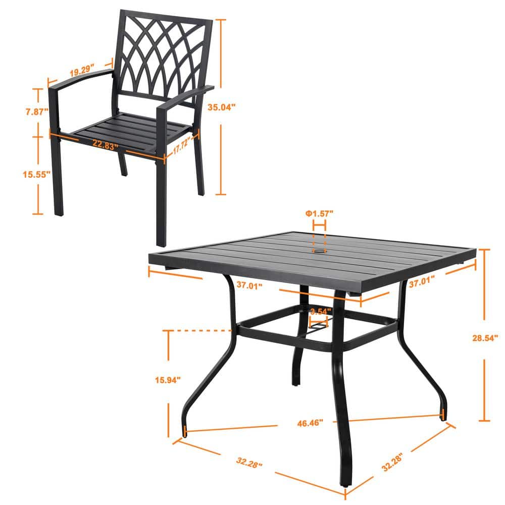 Modern Black Iron 5-Piece Outdoor Dining Set with Square Table