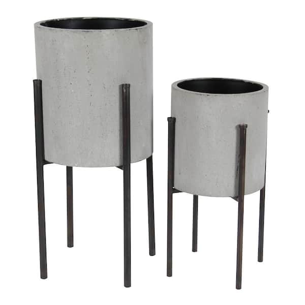 23 in., and 19 in. Large Light Gray Metal Indoor Outdoor Textured Exterior Planter (2- Pack)