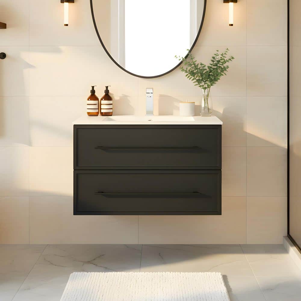 Milano 30 in. W x 18 in. D x 20 in. H Single Sink Wall Bathroom Vanity in Black with Cultured Marble Top in White price history on PriceWatchPro