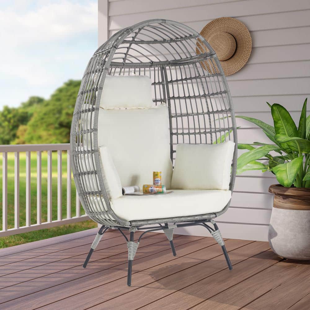 Oversized Outdoor Gray Rattan Egg Chair Patio Chaise Lounge Indoor Living R