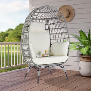Oversized Outdoor Gray Rattan Egg Chair Patio Chaise Lounge Indoor Living Room Basket Chair with Beige Cushion
