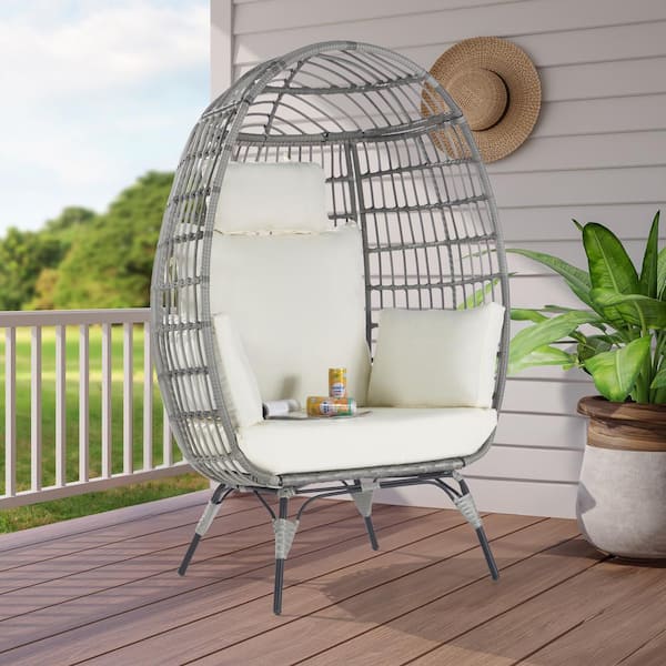 SANSTAR Oversized Outdoor Gray Rattan Egg Chair Patio Chaise Lounge Indoor Living Room Basket Chair with Beige Cushion