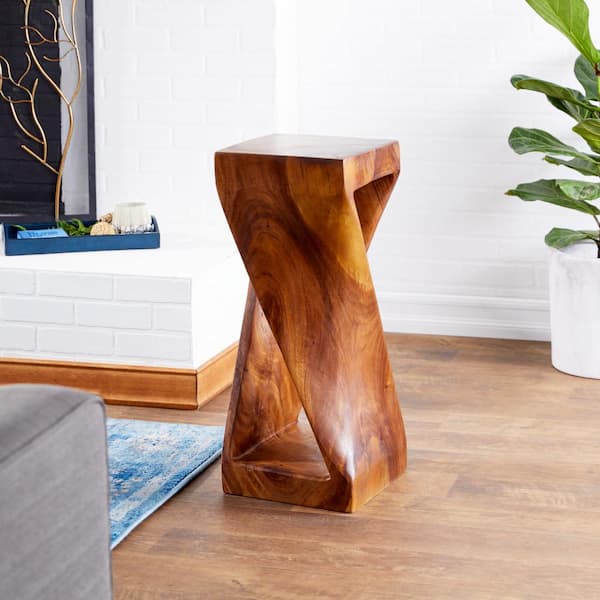 Litton Lane 12 in. Brown Handmade Extra Large Square Wood End Table with Spiral Base