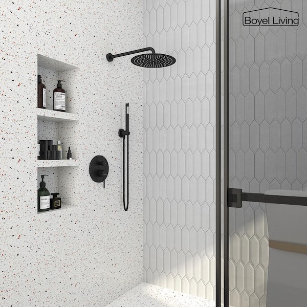 1-Spray Patterns with 2.5 GPM 10 in. Round Wall Mount Dual Shower Heads with Pressure Balance Valve in Matte Black