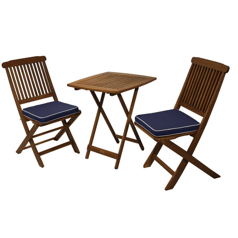 Eucalyptus Wood 3-Piece Foldable Bistro Set with Blue Cushions