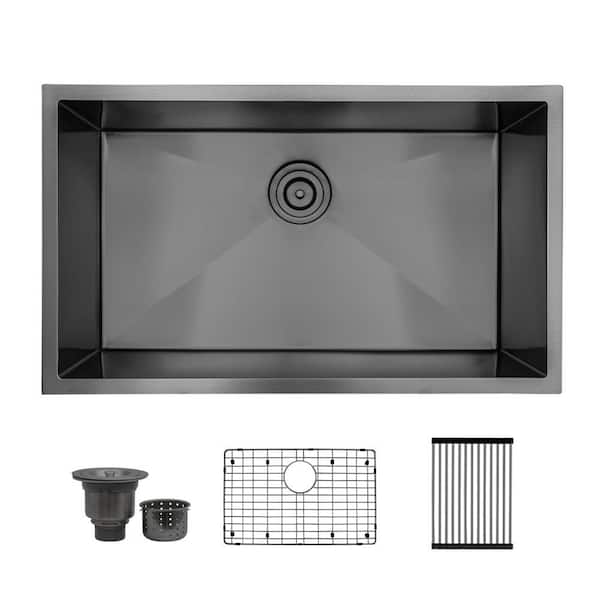 32 in. Undermount 16 Gauge Gunmetal Black Stainless Steel Kitchen Sink with Roll Out Dry Rack and Bottom Grid