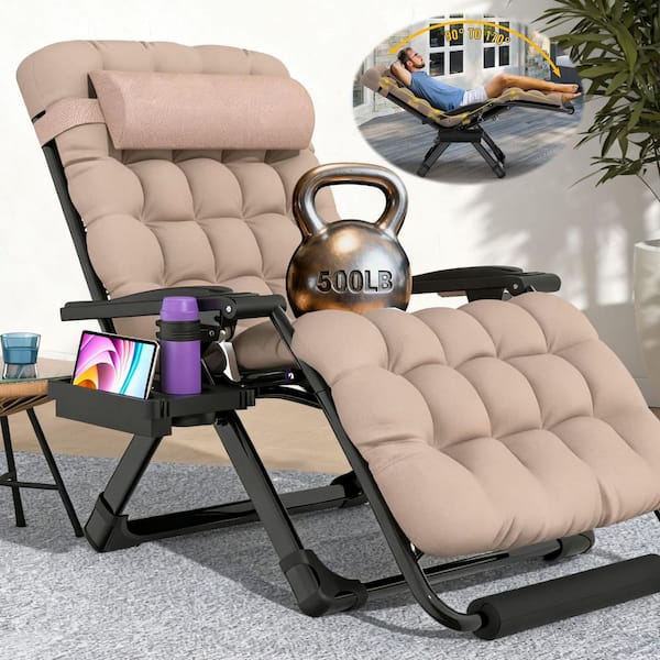 33 in.W Oversized Zero Gravity Chair Metal Outdoor Chaise Lounge with Khaki Removable Cushion and Headrest