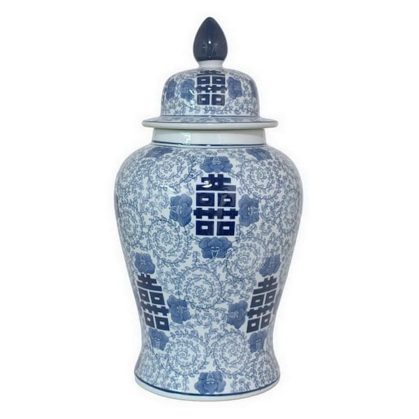 THREE HANDS 24 in. Blue and White Ceramic Temple Jar