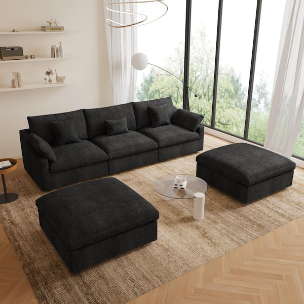 120 in. Square Arm 5-Piece Linen Upholstered Cloud Modular Sectional Sofa 3-Seater w/ Ottoman, Washable Covers in Black