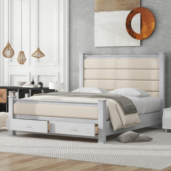 Qualler Antique White Wood Frame Queen Size Platform Bed with Upholstered Headboard and 2-Drawers