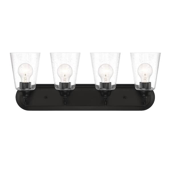 Designers Fountain Zane 26 in. 4-Light Matte Black Industrial Vanity Light with Clear Glass Shades