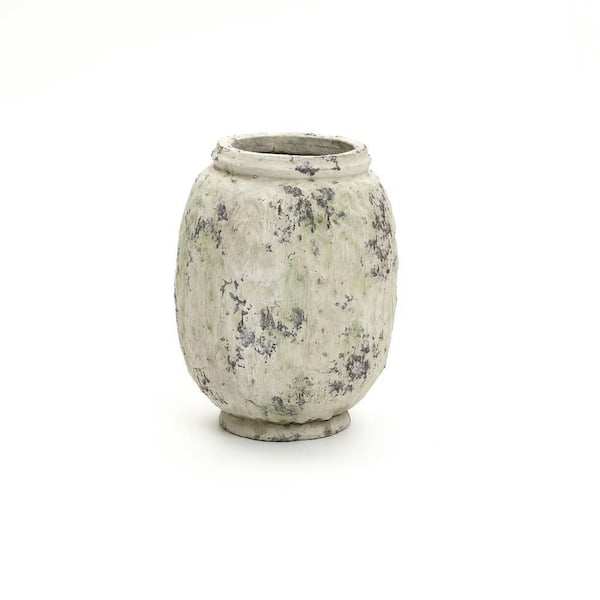 10 in. Tall Off-White Pot with Mossy Green Patina, Antique Terracotta Vase Rustic Decor