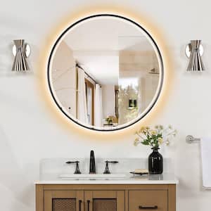 Palme 32 in. W x 32 in. H Small Round Aluminum Framed LED Lighting Wall Bathroom Vanity Mirror in Matt Black