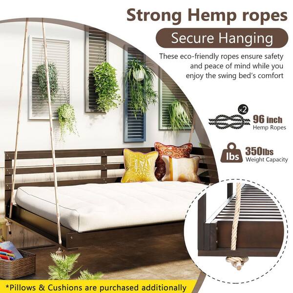 Boosicavelly Wood Porch Swing Bed for Outdoor with Hemp Ropes