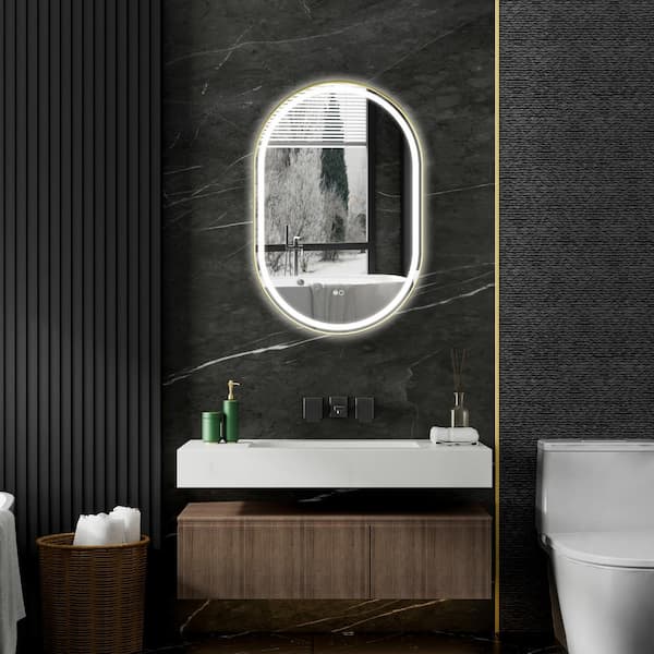 ANGELES HOME 24 in. x 36 in. Oval Aluminum Framed Anti-Fog Back-Lit LED Light Wall Bathroom Vanity Mirror in Brushed Gold