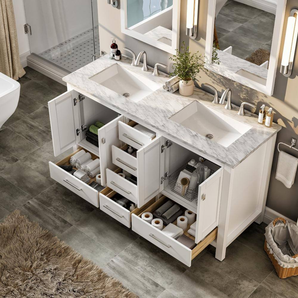 Aberdeen White Double Sink Bathroom Vanity with Carrara Quartz Top