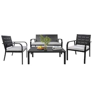 4-Pieces Black Metal Outdoor Patio Conversation Set with Grey Cushions Coffee Table for Garden Poolside and Backyard