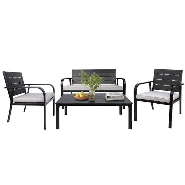 Unbranded 4-Pieces Black Metal Outdoor Patio Conversation Set with Grey Cushions Coffee Table for Garden Poolside and Backyard