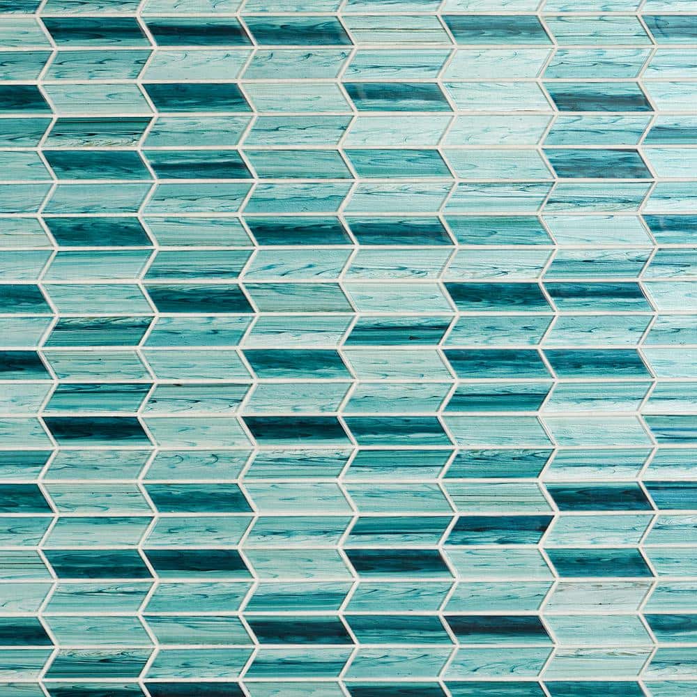 Rivulet Teal Chevron Polished Glass Mosaic Wall Tile