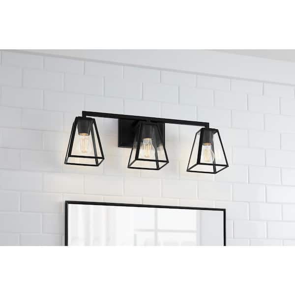 Home Decorators Collection Mackenzie Place 24 in. 3-Light Matte Black Modern Bathroom Vanity Light with Clear Glass Shades