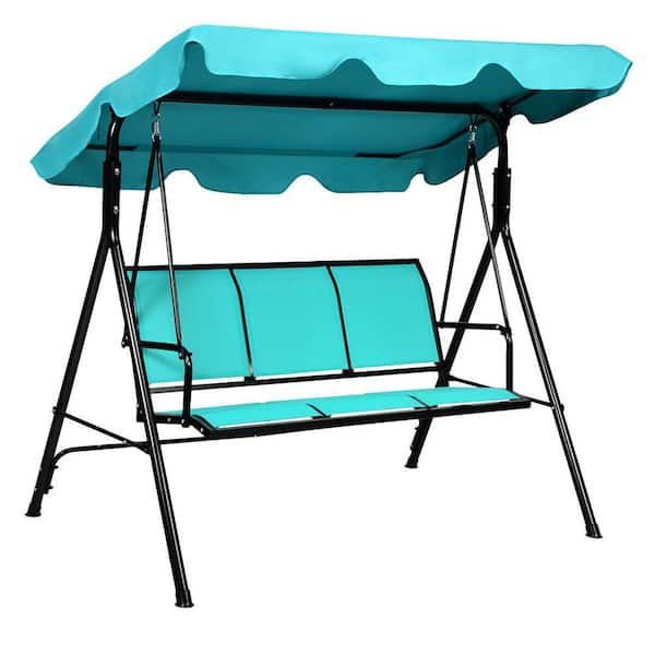 WELLFOR Blue 3-Person Metal Porch Swing with Adjustable Canopy