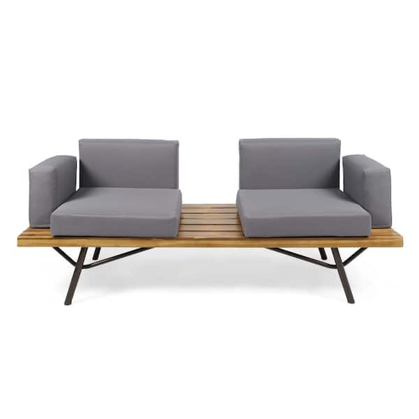 Canoga Teak Finish Wood Outdoor Patio Sofa with Dark Gray Cushions
