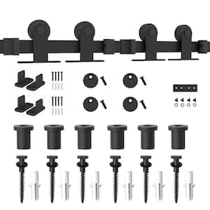 8 ft./96 in. Frosted Black Top Mount Sliding Barn Door Hardware Track Kit for Double Doors with Non-Routed Floor Guide