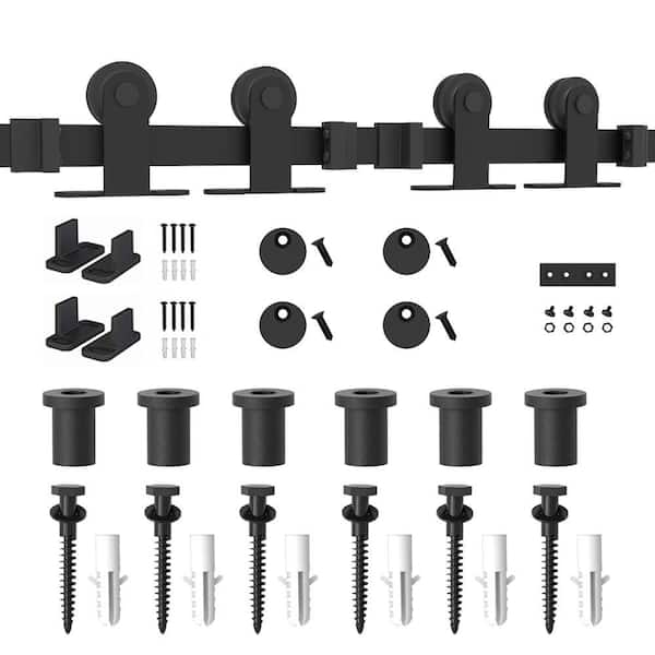 WINSOON 8 ft./96 in. Frosted Black Top Mount Sliding Barn Door Hardware Track Kit for Double Doors with Non-Routed Floor Guide
