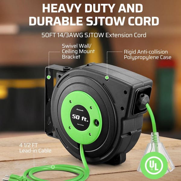 DEWENWILS 50 ft. 14/3 SJTOW 13 Amp Retractable Extension Cord Reel