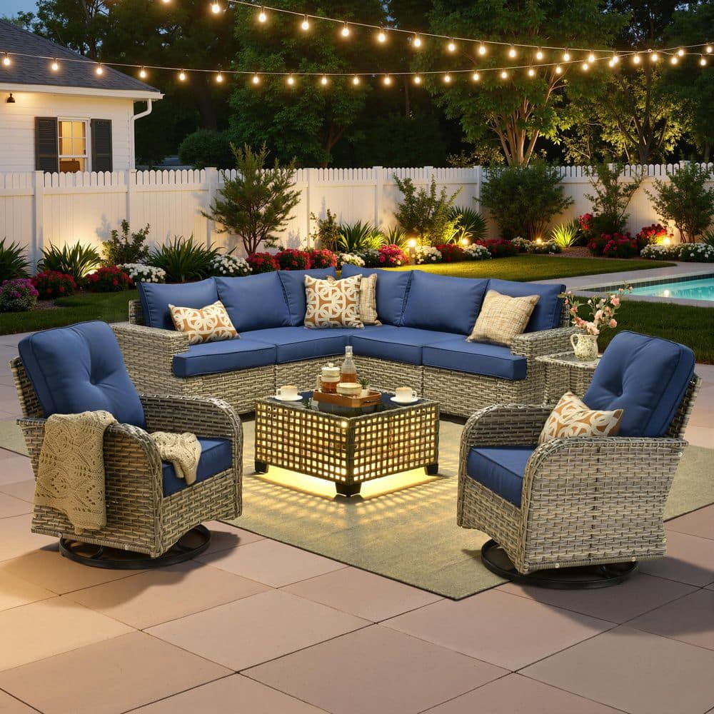 TobestV 9-Piece Wicker Outdoor Patio Sectional Set with Swivel Chairs and Solar Light Table, Navy Blue Cushions price history on PriceWatchPro