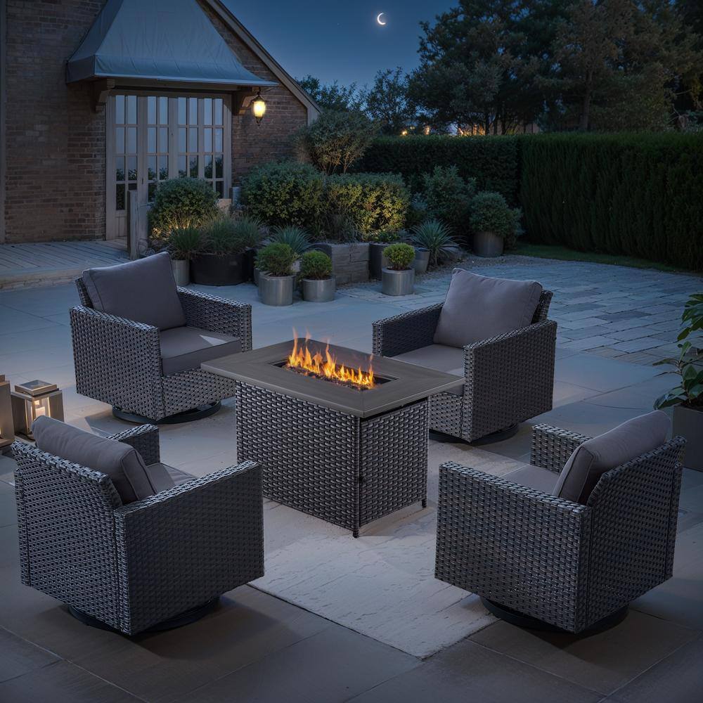 Valenta Brown 5-Piece Wicker Patio Fire Pit Set, Swivel Rocking Chairs Set with Cushion, Coffee Table and Firepit Table