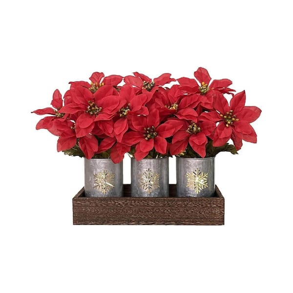 3 Pack 12 in. Red Indoor Artificial Poinsettia with LED Lights in Pots and Wood Box for Decoration