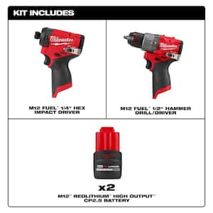 M12 FUEL 12V Lithium-Ion Brushless Cordless 1/4 in Impact Driver, 1/2 in Hammer Drill w/(2) M12 CP 2.5 Ah Batteries