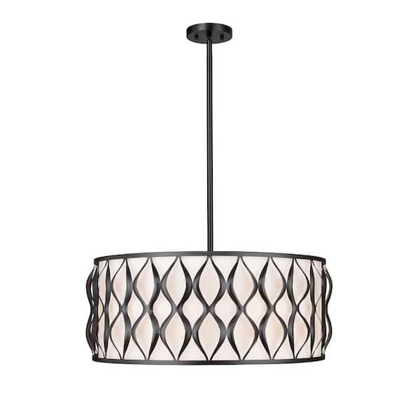 Unbranded Harden 60-Watt 8-Light Matte Black Shaded Pendant-Light with White Fabric Shade, No Bulbs Included