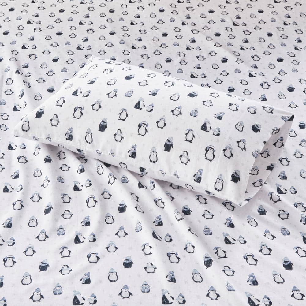 Full Gray Cotton Flannel Penguin Print Sheet Set