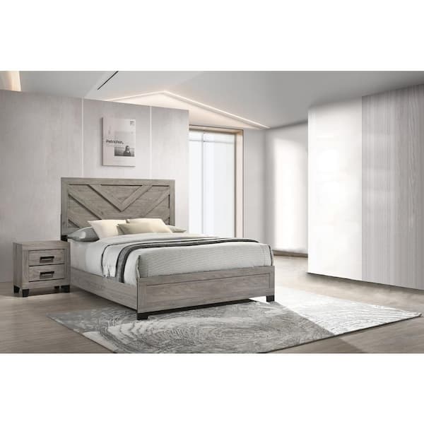 Best Quality Furniture Ararat 2-Piece Light Grey Color Wood Frame Queen Panel Bedroom Set with 1-Nightstand