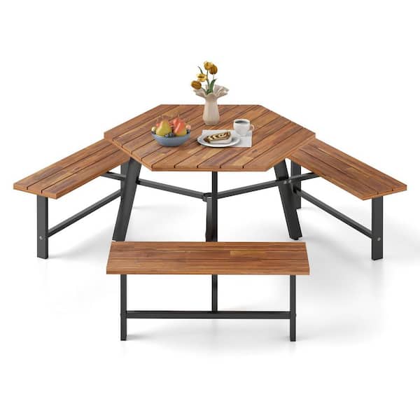 6-Person 75 in. Round Acacia Wood Picnic Table Bench Set w/3 Seats Umbrella Hole Steel Frame