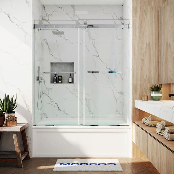 MCOCOD 56-61 in. W x 60 in. H Double Sliding Frameless Smooth Sliding Tub Door in Chrome with 3/8 in. Clear Glass
