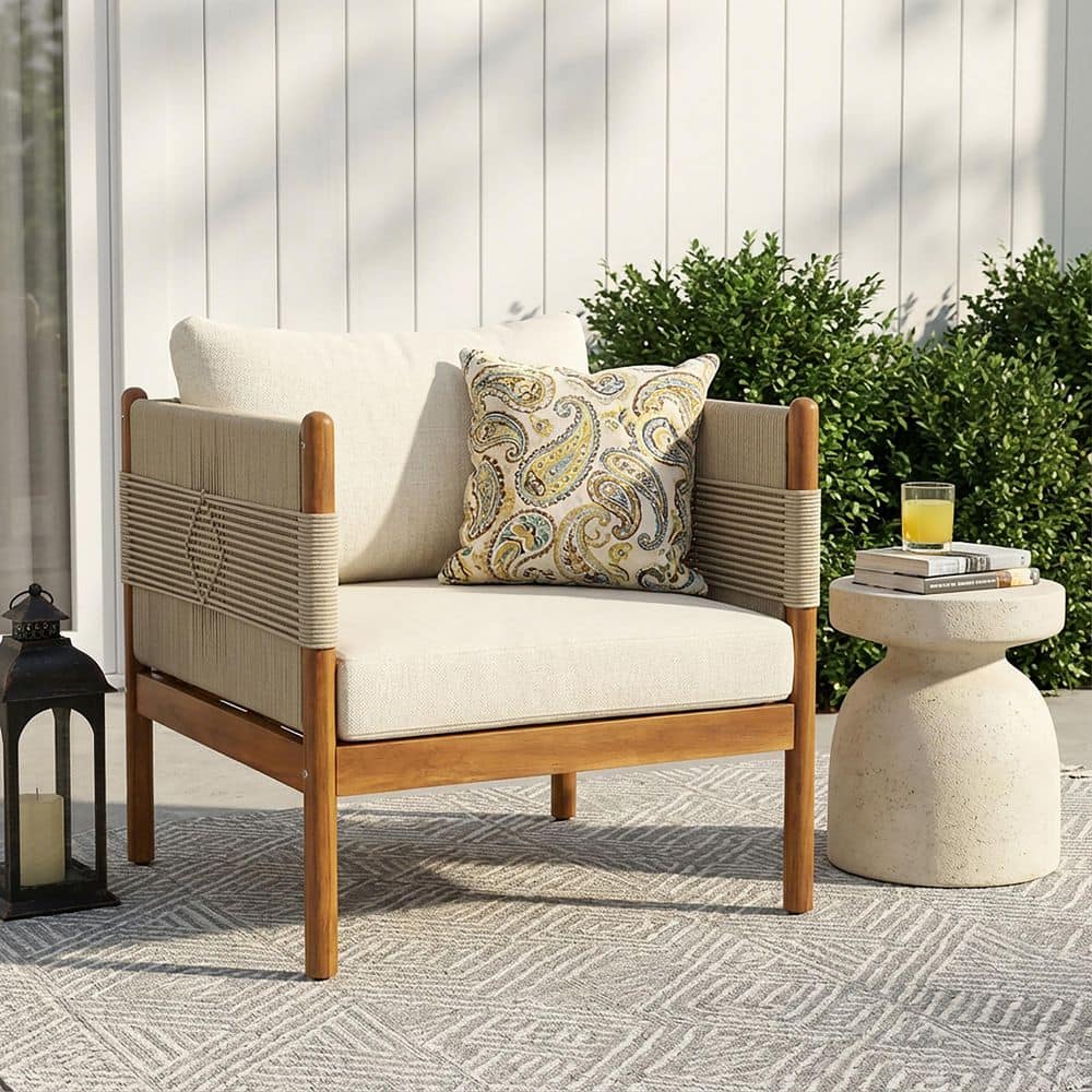 Torrent Beige+Teak Acacia Wood Rope Weave Outdoor Patio Lounge Chair with Cream Cushions price history on PriceWatchPro