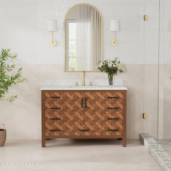 48 in. W x 22 in. D x 34 in. H Freestanding Caramel Woven Brown Bath Vanity with White Engineered Stone Top, Eco Wood