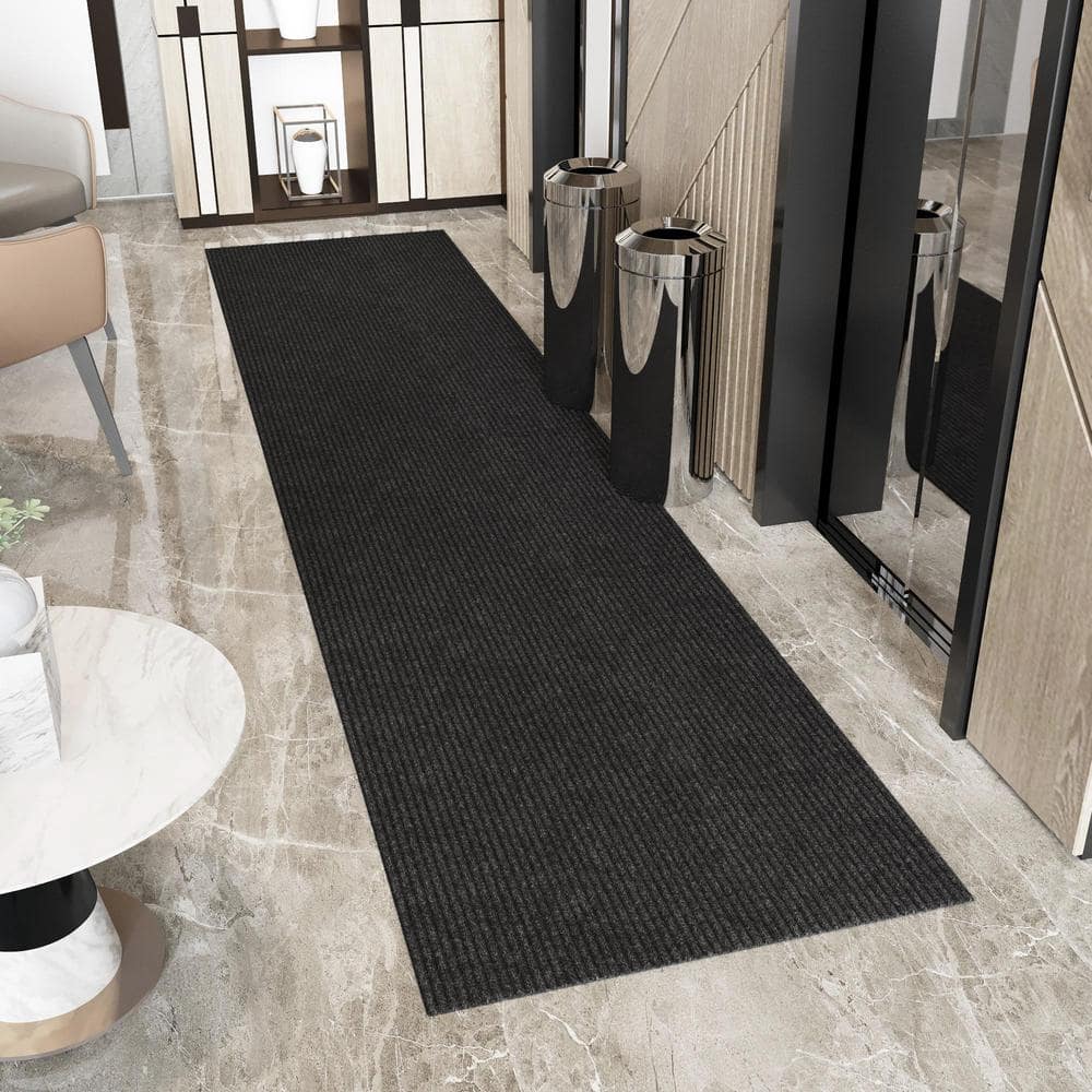 Black Ribbed Non-Slip Indoor/Outdoor Polyester Runner Rug
