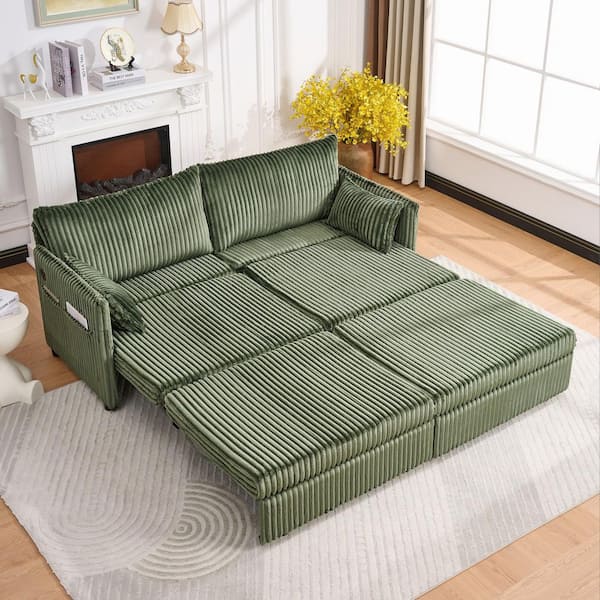 Vivian Modern 73 in. Green Corduroy Convertible Pull-Out Sleeper Full Size Sofa Bed with USB Port, Storage Pockets