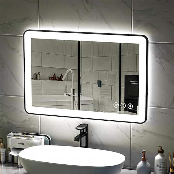 24 in. W x 36 in. H Rectangular Framed LED Anti-Fog Wall Mount Bathroom Mirror in Black with Backlit and Front Light
