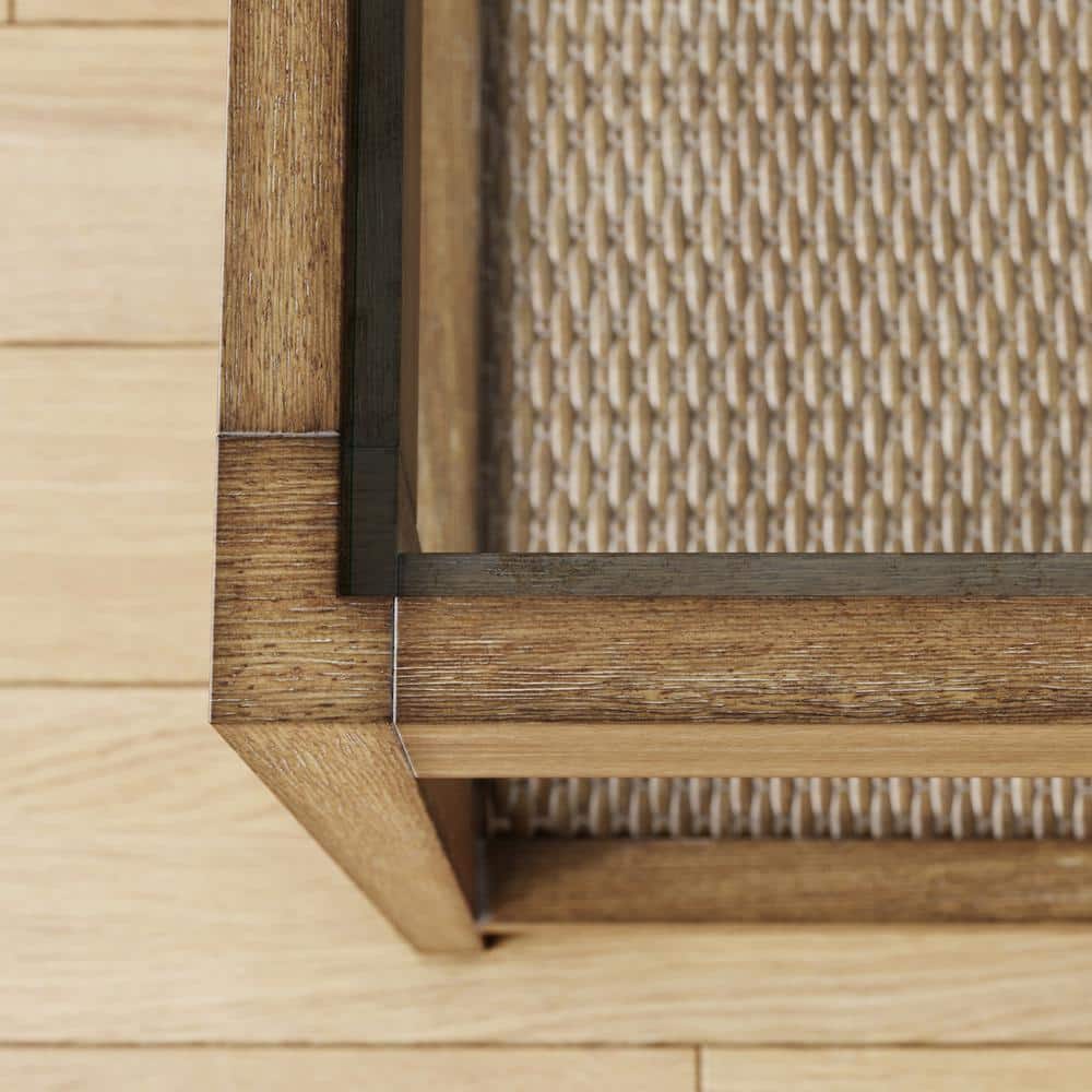 Hayes Light Brown Solid Wood and Glass Side Table with Rattan Shelf