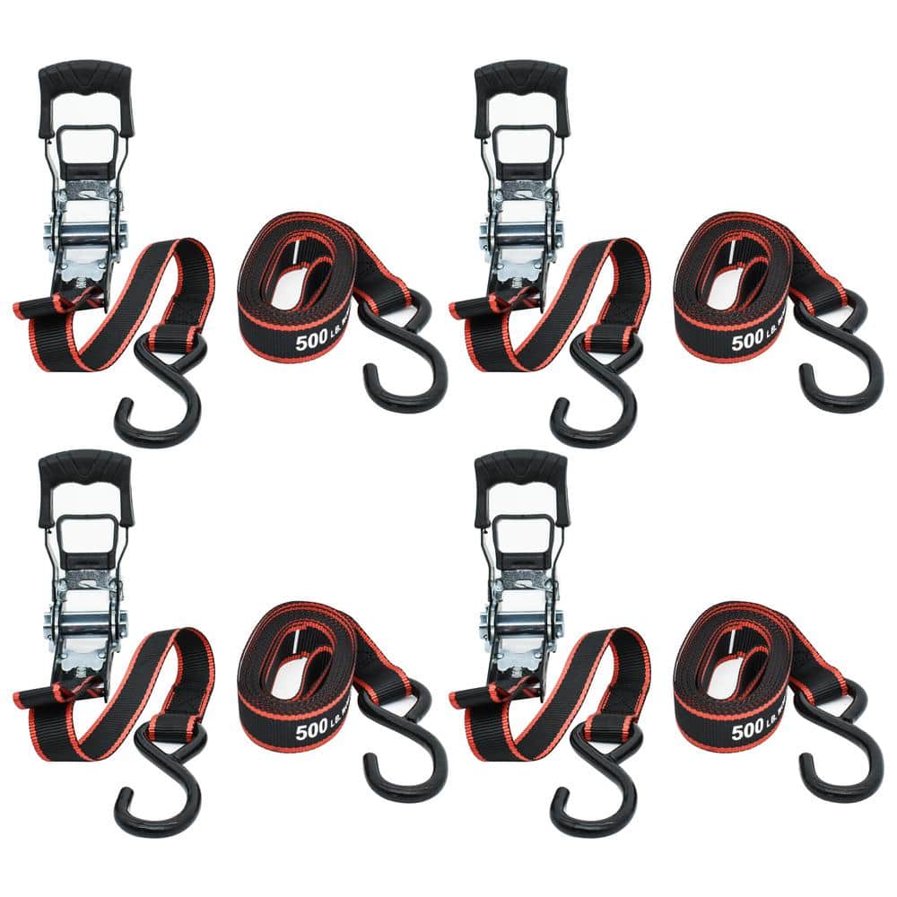 12 ft x 1 in Black and Red Weather Resistant Ratchet Tie-Down Straps with S-Hook (4-Pack)