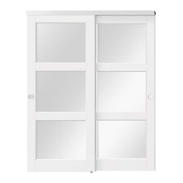 64 in. x 80 in. White MDF and Solid Wood Double 3 Lite Mirrored Glass Panel Bypass Sliding Door with Aluminum Hardware