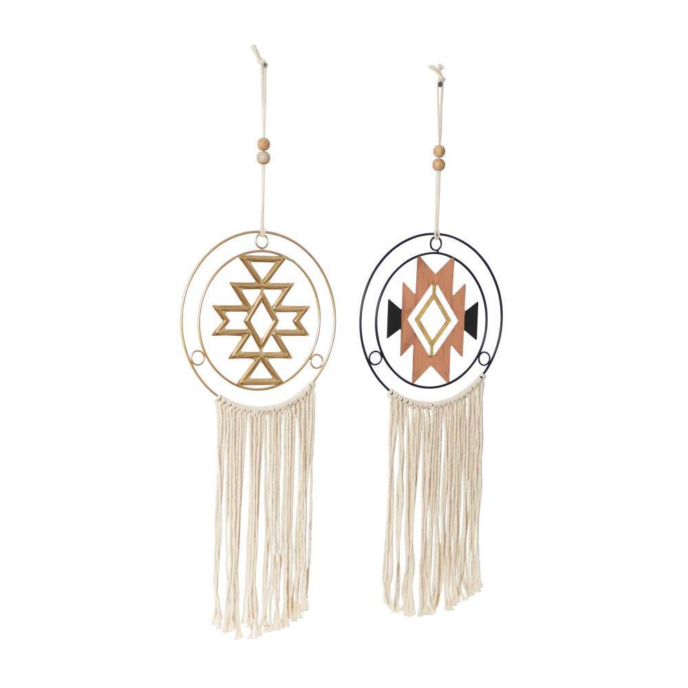Multi-Colored Metal and Linen Macrame Wall Hanging Set