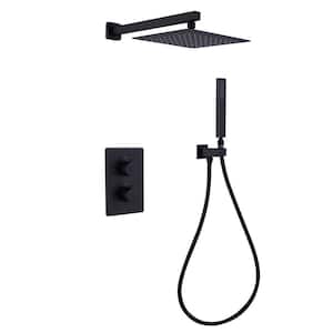 2-Handles 3-Function 10 in.Thermostatic Waterfall Shower Faucet with Hand Shower in Matte Black