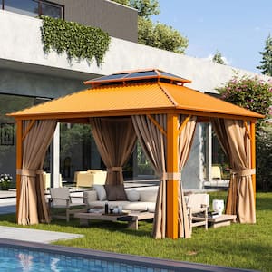 12 ft. x 10 ft. Double Outdoor Aluminum Frame Hardtop Roof Gazebo with Mosquito Nets and Curtains