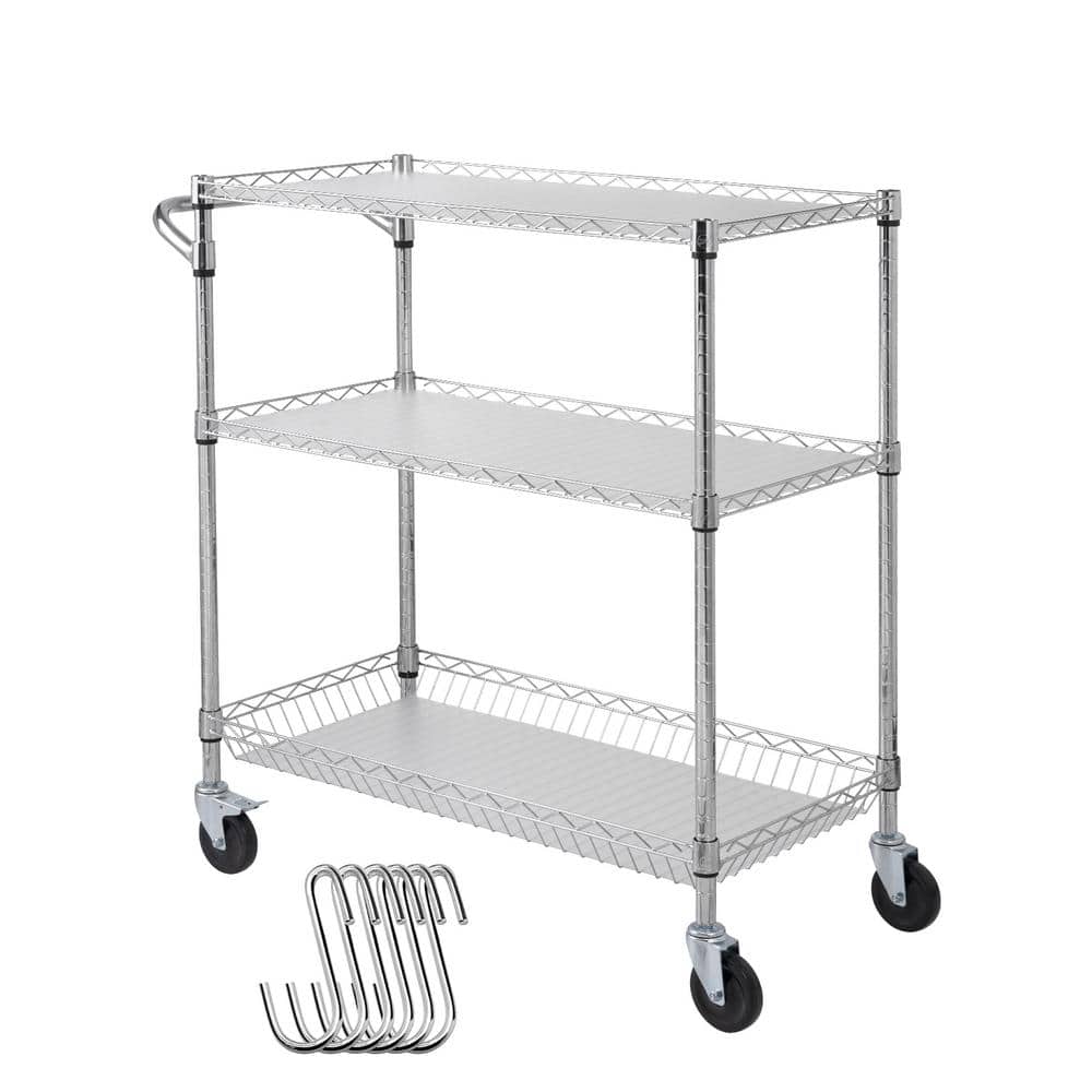3-Tier Rolling Kitchen Cart, 661LB. Capacity, Steel Storage Trolley, Metal Service Cart with 80mm Basket